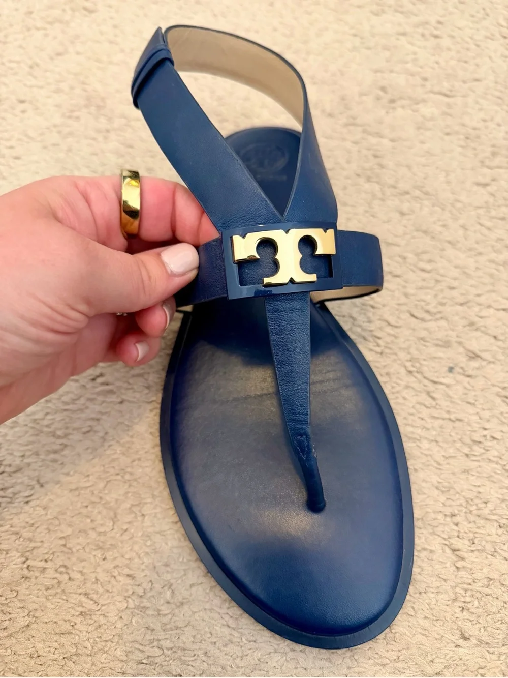 Tory Burch Navy Blue Leather Miller Slingback Sandals Gold Logo Size 8.5 - Picture 2 of 4